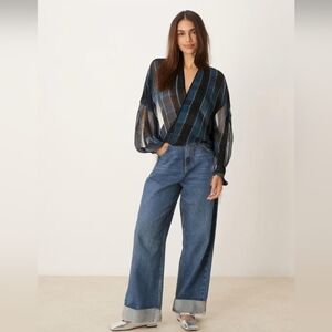 Zara Navy Plaid Wrap Front Blouse